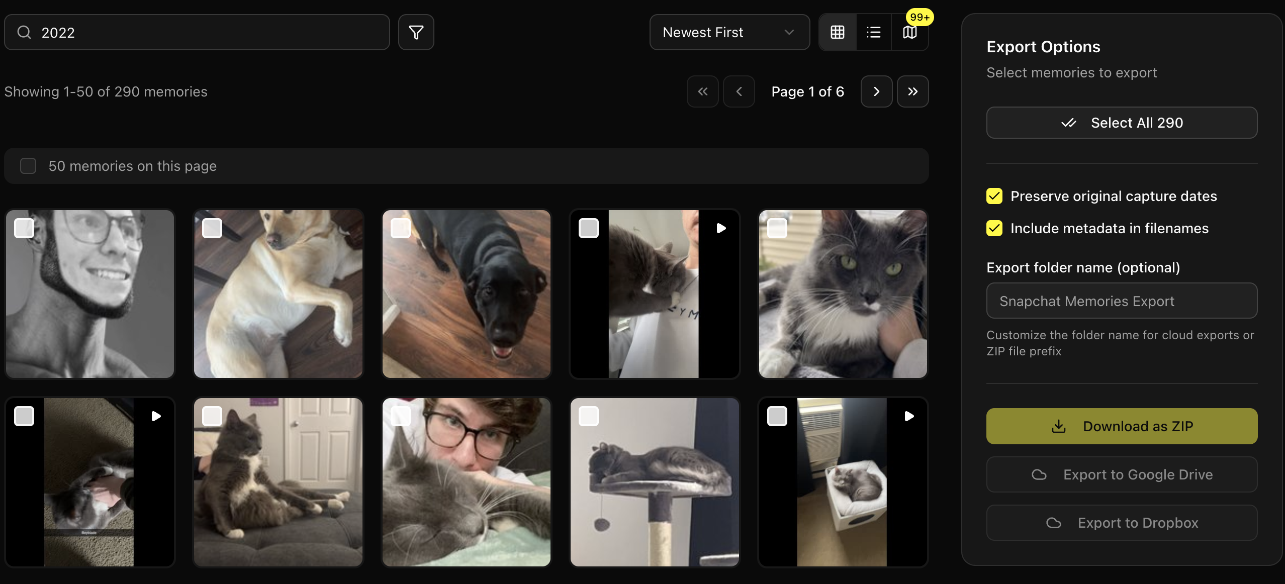 Gallery view showing search results for '2022' to filter memories