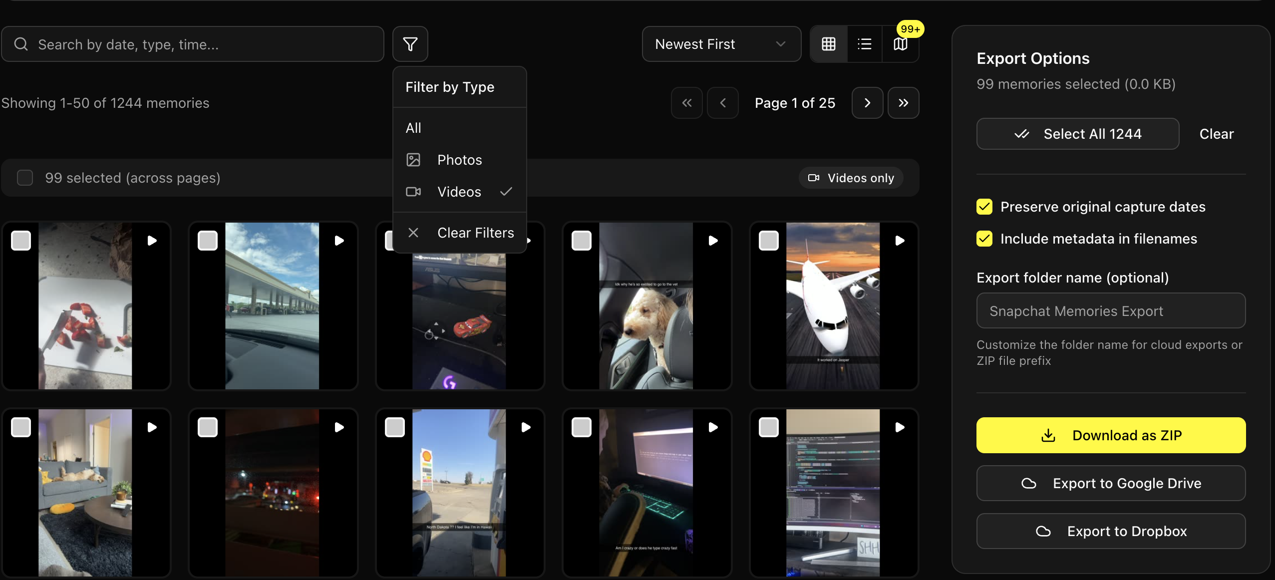 Gallery view filtered to show only videos
